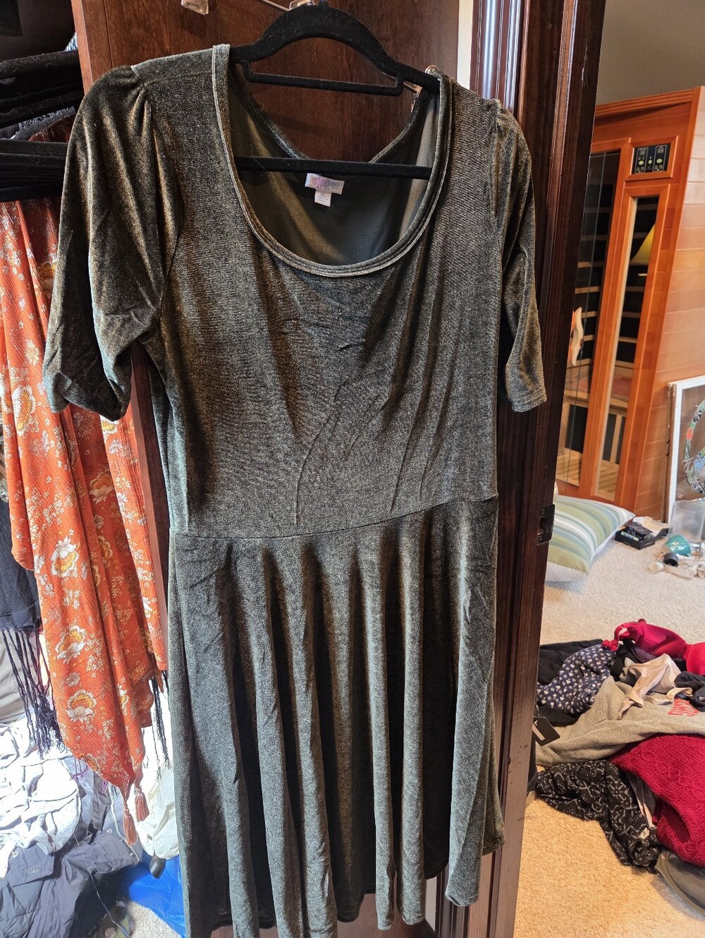LuLaRoe Elegant XL Nicole Olive Green Velvet Scoop Neck Midi Dress